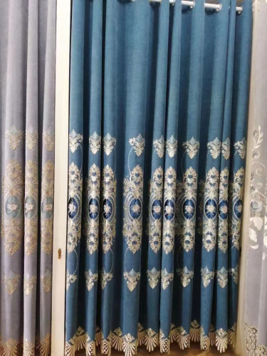QYC125JA Hebe Small Peony Luxury Damask Chenille Embroidered Blue Purple Ready Made Eyelet Curtains