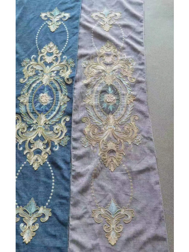 QYC125JA Hebe Small Peony Luxury Damask Chenille Embroidered Blue Purple Ready Made Eyelet Curtains