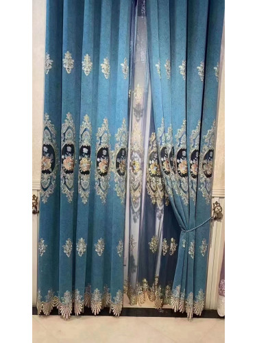 QYC125K Hebe Floral Luxury Damask Chenille Embroidered Blue Purple Custom Made Curtains(Color: Blue)