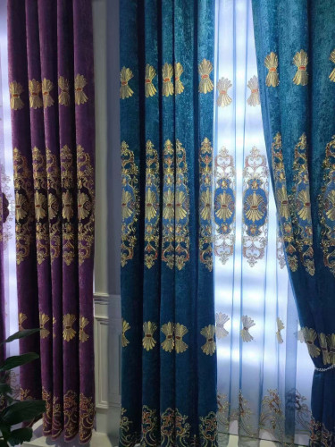  QYC125LA Hebe Small Shells Luxury Damask Chenille Embroidered Blue Purple Ready Made Eyelet Curtains