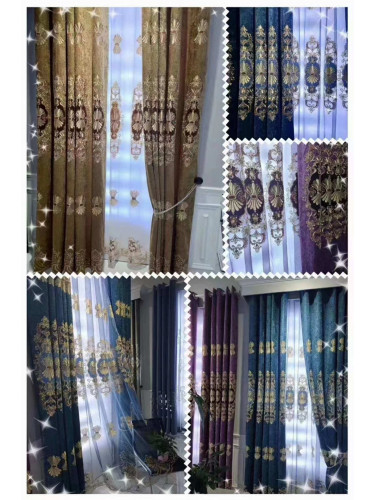  QYC125LA Hebe Small Shells Luxury Damask Chenille Embroidered Blue Purple Ready Made Eyelet Curtains