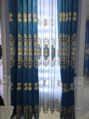  QYC125LA Hebe Small Shells Luxury Damask Chenille Embroidered Blue Purple Ready Made Eyelet Curtains(Color: Blue)