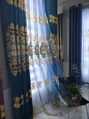  QYC125LA Hebe Small Shells Luxury Damask Chenille Embroidered Blue Purple Ready Made Eyelet Curtains