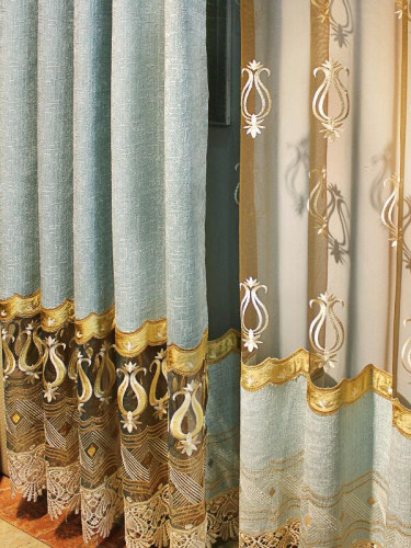 QY2168D Lachlan Embroidered Floral Thick Chenille Custom Made Curtains(Color: Blue)