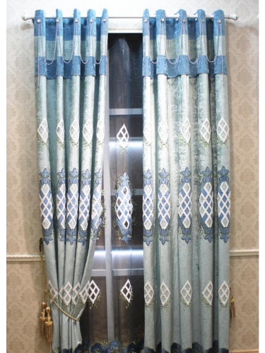 QY2168E Lachlan Embroidered Geometric Thick Chenille Custom Made Curtains(Color: Grey blue)