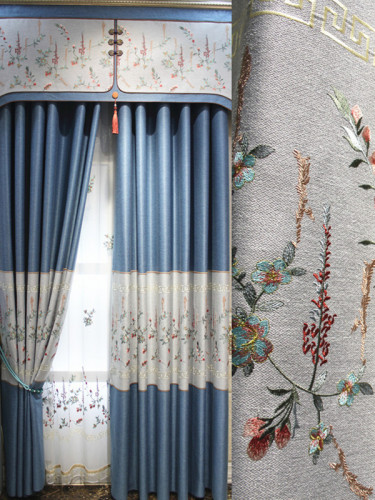 QY2168F Lachlan Embroidered Floral Thick Chenille Custom Made Curtains(Color: Blue)