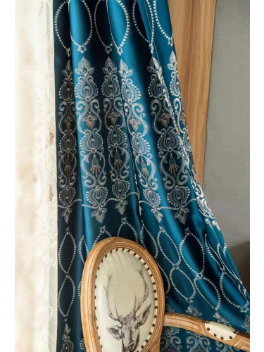 QYC225NA Bimberi Number Eight Pattern Luxury Damask Embroidered Blue Green Pink Grey Ready Made Eyelet Curtains(Color: Blue)