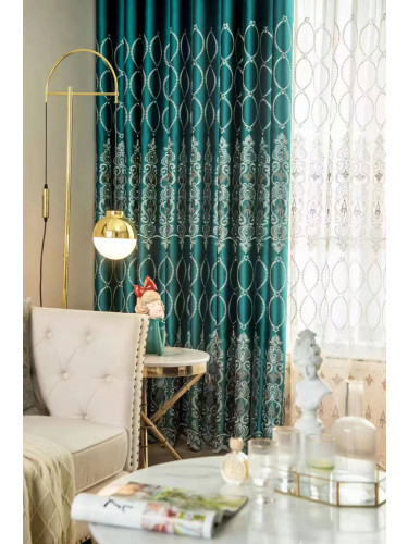 QYC225NA Bimberi Number Eight Pattern Luxury Damask Embroidered Blue Green Pink Grey Ready Made Eyelet Curtains(Color: Green)