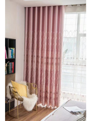 QYC225NA Bimberi Number Eight Pattern Luxury Damask Embroidered Blue Green Pink Grey Ready Made Eyelet Curtains(Color: Pink)
