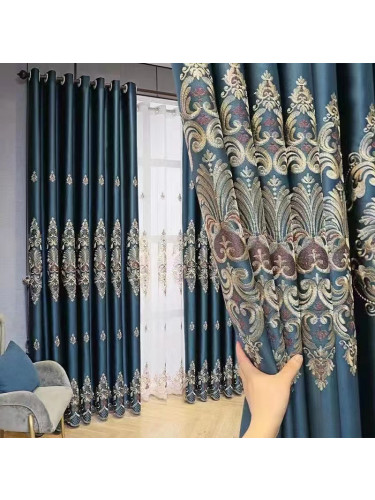 QYC225OA Bimberi Begonia Flowers Luxury Damask Embroidered Blue Green Pink Grey Ready Made Eyelet Curtains(Color: Blue)