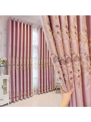 QYC225OA Bimberi Begonia Flowers Luxury Damask Embroidered Blue Green Pink Grey Ready Made Eyelet Curtains(Color: Pink)