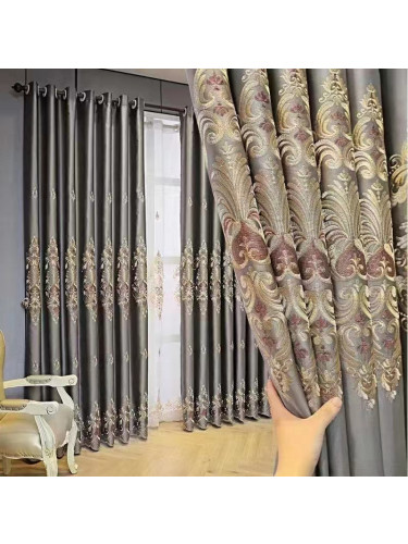 QYC225O Bimberi Begonia Flowers Luxury Damask Embroidered Blue Green Pink Grey Custom Made Curtains(Color: Grey)
