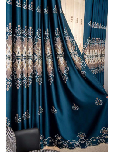 QYC225PA Bimberi Flower Queen Luxury Damask Embroidered Blue Green Pink Grey Ready Made Eyelet Curtains(Color: Blue)