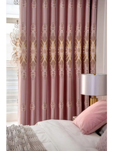 QYC225PA Bimberi Flower Queen Luxury Damask Embroidered Blue Green Pink Grey Ready Made Eyelet Curtains(Color: Pink)