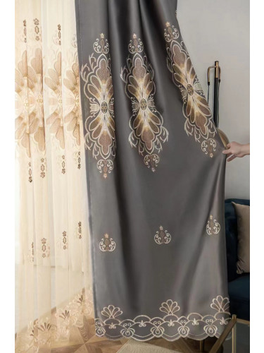 QYC225PA Bimberi Flower Queen Luxury Damask Embroidered Blue Green Pink Grey Ready Made Eyelet Curtains(Color: Grey)