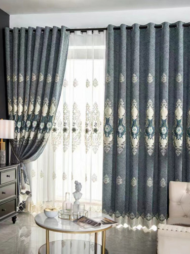 QYC225QA Bimberi Embossed Small Peony Luxury Chenille Blue Grey Ready Made Eyelet Curtains