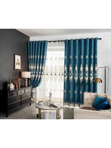 QYC225Q Bimberi Embossed Small Peony Luxury Chenille Blue Grey Custom Made Curtains