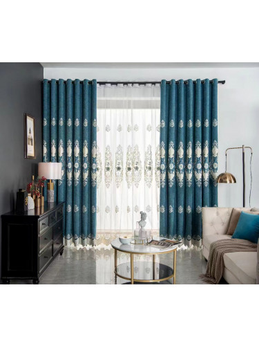 QYC225QA Bimberi Embossed Small Peony Luxury Chenille Blue Grey Ready Made Eyelet Curtains(Color: Blue)