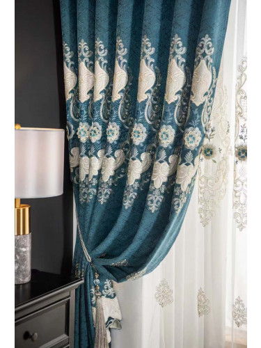 QYC225Q Bimberi Embossed Small Peony Luxury Chenille Blue Grey Custom Made Curtains(Color: Blue)