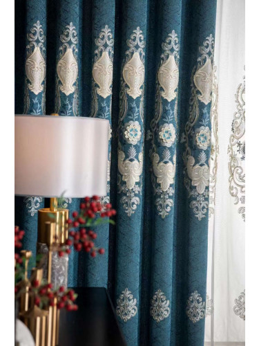 QYC225QA Bimberi Embossed Small Peony Luxury Chenille Blue Grey Ready Made Eyelet Curtains