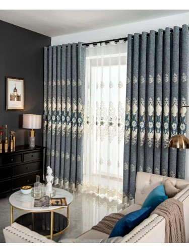 QYC225Q Bimberi Embossed Small Peony Luxury Chenille Blue Grey Custom Made Curtains(Color: Grey)