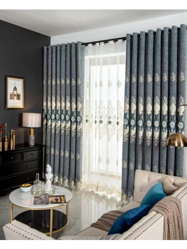 QYC225QA Bimberi Embossed Small Peony Luxury Chenille Blue Grey Ready Made Eyelet Curtains(Color: Grey)