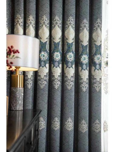 QYC225QA Bimberi Embossed Small Peony Luxury Chenille Blue Grey Ready Made Eyelet Curtains