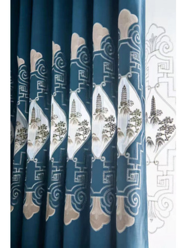 YC225RA Bimberi Openwork Pagoda Luxury Embroidered Blue Grey Ready Made Eyelet Curtains(Color: Blue)