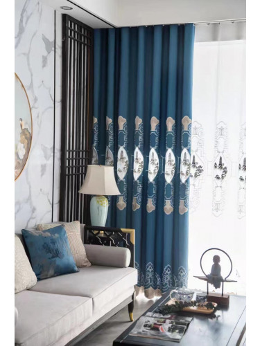 QYC225R Bimberi Openwork Pagoda Luxury Embroidered Chenille Blue Grey Custom Made Curtains