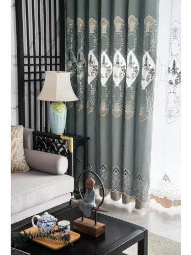 YC225RA Bimberi Openwork Pagoda Luxury Embroidered Blue Grey Ready Made Eyelet Curtains