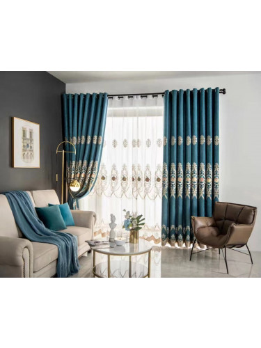 QYC225SA Bimberi New Flowers Luxury Embroidered Chenille Blue Grey Ready Made Eyelet Curtains