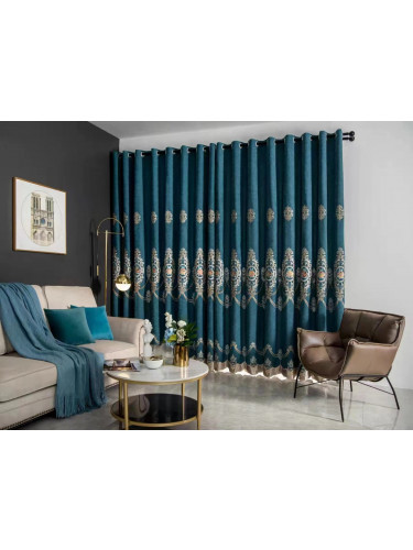 QYC225SA Bimberi New Flowers Luxury Embroidered Chenille Blue Grey Ready Made Eyelet Curtains