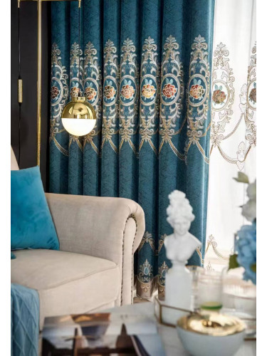 QYC225S Bimberi New Flowers Luxury Embroidered Chenille Blue Grey Custom Made Curtains(Color: Blue)