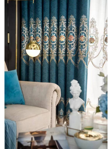 QYC225SA Bimberi New Flowers Luxury Embroidered Chenille Blue Grey Ready Made Eyelet Curtains