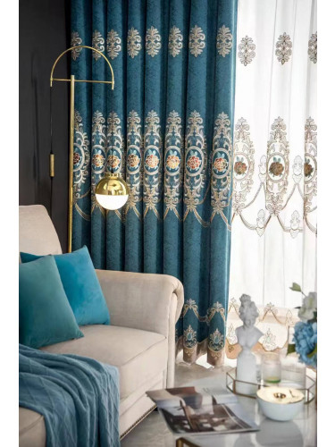 QYC225SA Bimberi New Flowers Luxury Embroidered Chenille Blue Grey Ready Made Eyelet Curtains