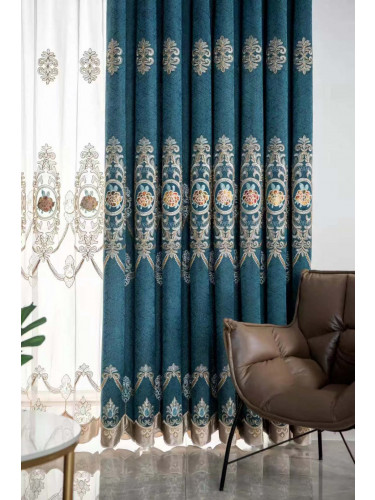 QYC225S Bimberi New Flowers Luxury Embroidered Chenille Blue Grey Custom Made Curtains