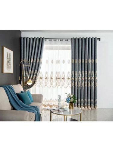 QYC225S Bimberi New Flowers Luxury Embroidered Chenille Blue Grey Custom Made Curtains