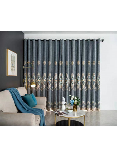 QYC225S Bimberi New Flowers Luxury Embroidered Chenille Blue Grey Custom Made Curtains(Color: Grey)