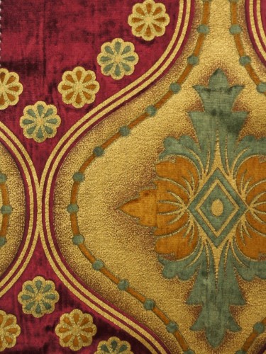 Maia Vintage Damask Goblet Pleat Velvet Curtains (Color: Burgundy)