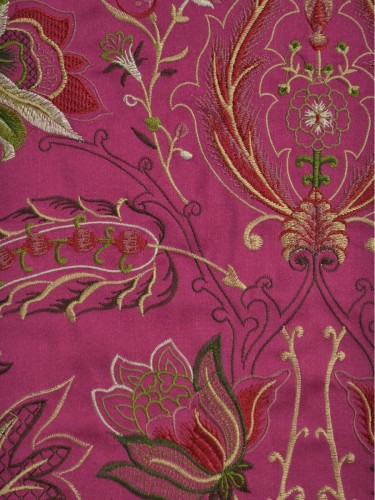 Silver Beach Embroidered All-over Flowers Concealed Tab Top Faux Silk Curtains (Color: Deep cerise)