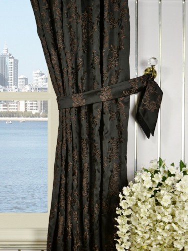 Silver Beach Embroidered Plush Vines Pencil Pleat Faux Silk Curtains Decorative Tiebacks