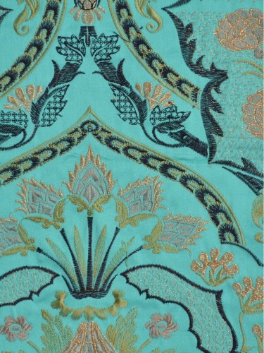 Silver Beach Embroidered Colorful Damask Faux Silk Fabric Sample (Color: Medium turquoise)