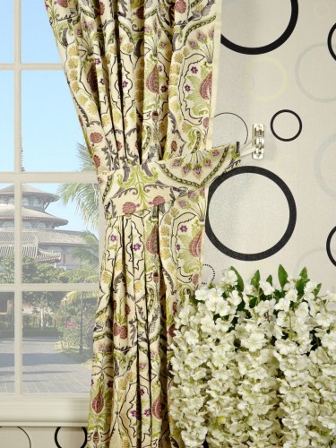 Silver Beach Embroidered Colorful Damask Tab Top Faux Silk Curtains Decorative Tiebacks