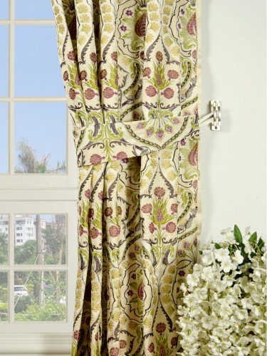 Silver Beach Embroidered Colorful Damask Eyelet Faux Silk Curtains Decorative Tiebacks