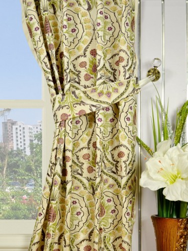 Silver Beach Embroidered Colorful Damask Single Pinch Pleat Faux Silk Curtains Decorative Tiebacks