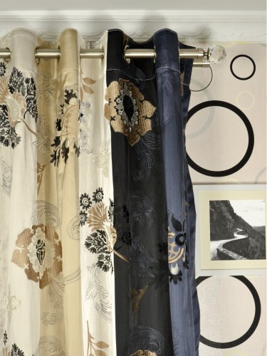 Silver Beach Embroidered Leaves Faux Silk Custom Made Curtains (Heading: Eyelet)