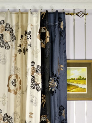 Silver Beach Embroidered Leaves Faux Silk Custom Made Curtains (Heading: Concealed Tab Top)