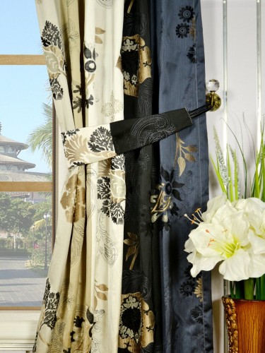 Silver Beach Embroidered Leaves Concealed Tab Top Faux Silk Curtains Decorative Tiebacks