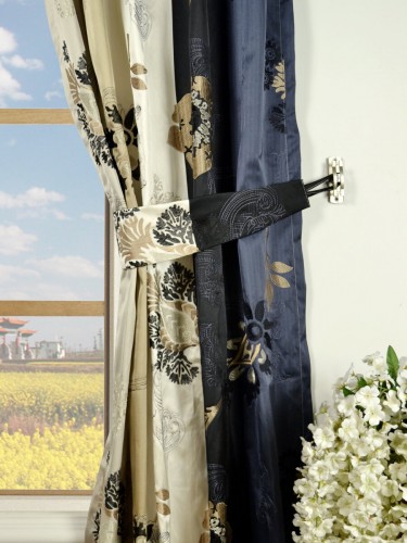 Silver Beach Embroidered Leaves Single Pinch Pleat Faux Silk Curtains Decorative Tiebacks
