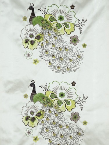 Silver Beach Embroidered Peacocks Fabric Sample (Color: Pear)